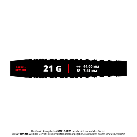 Target Japan Prime Series Harold Ching GEN1 Zenith MAX Soft Darts - 21g Das Bild zeigt die Produktinformationen des "Target Japan Prime Series Harold Ching GEN1 Zenith MAX Softdarts - 21g". Der Dart hat ein Gewicht von 21 Gramm, eine Länge von 44 mm und einen Durchmesser von 7,45 mm.