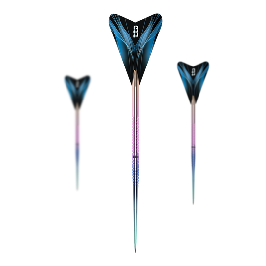 Dies ist ein Set des Caliburn TTD Complete Titanium T1 Rainbow Steeldarts - 5g. Mehrere Dartpfeile mit regenbogenfarbenem Design sind zu sehen.