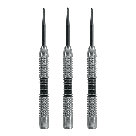 McDart Black Stripe 2 steel dart barrels - 22g Das Bild zeigt drei Steeldart-Barrels mit silberner Oberfläche und schwarzen Ringen in der Mitte. Es handelt sich um das Produkt "McDart Black Stripe 2 Steeldart-Barrels - 22g".