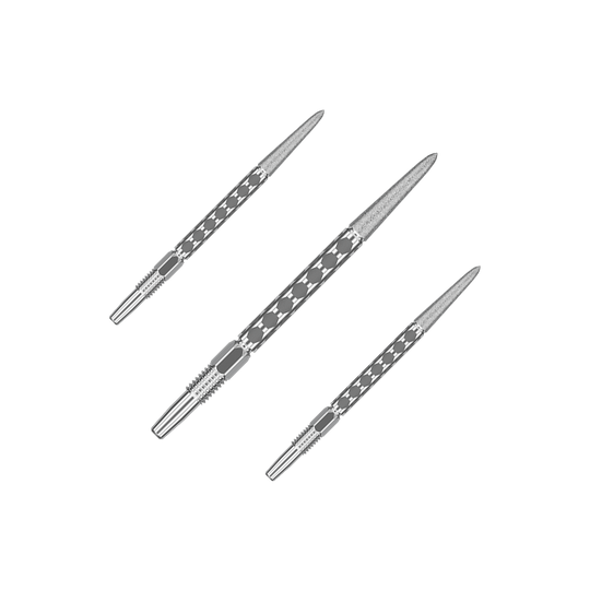 Target Swiss FLT Point Dart Tips - Silver Ein Set mit mehreren kurzen silbernen Dartspitzen ist nebeneinander angeordnet. Die Spitzen laufen parallel.