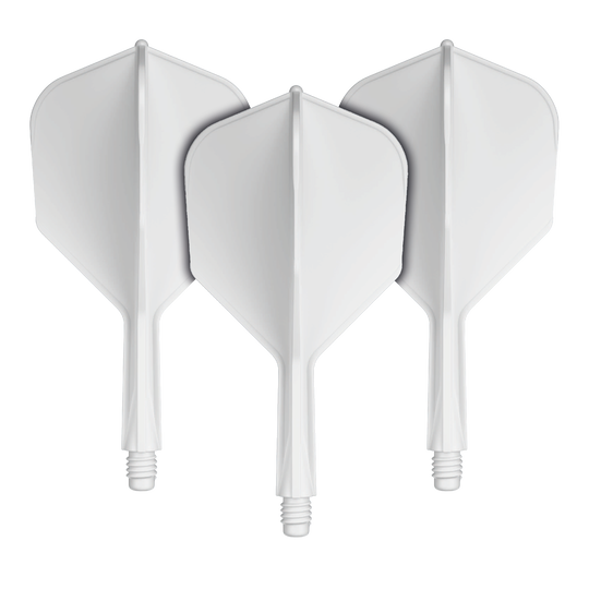 GOAT A1R No6 Flight Shaft System - White Auf dem Bild sind drei weiße Dart-Flügel mit Schäften zu sehen. Sie sind nebeneinander angeordnet und zeigen alle nach oben.