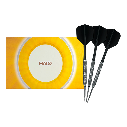 Abgebildet sind die Caliburn Halo H3 Steeldarts mit 21,5g als vollständiger Satz. Die Darts werden komplett gezeigt.