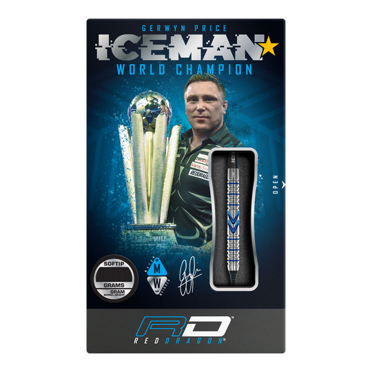 Red Dragon Gerwyn Price Iceman Midnight Edition Soft Darts - 20g Die Verpackung zeigt die Red Dragon Gerwyn Price Iceman Midnight Edition Softdarts mit einem Gewicht von 20g. Auf der Vorderseite sind ein Bild von Gerwyn Price und ein Dartpfeil abgebildet.
