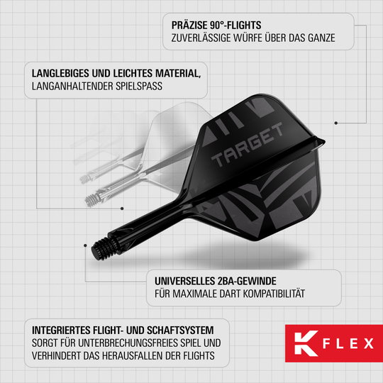 Target K-Flex Black No6 Flights Abgebildet sind die Target K-Flex Black No6 Flights. Diese Flights sind für den Einsatz beim Dartspiel geeignet.