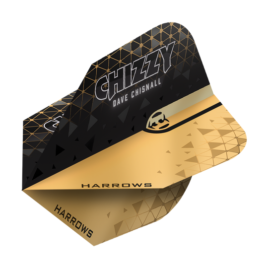 Harrows Prime Dave Chisnall Chizzy 2 No6 Flights Das Bild zeigt ein Harrows Prime Dave Chisnall Chizzy 2 No6 Flight. Das Flight ist schwarz-gold gestaltet und trägt den Aufdruck "CHIZZY DAVE CHISNALL" sowie das Harrows-Logo.