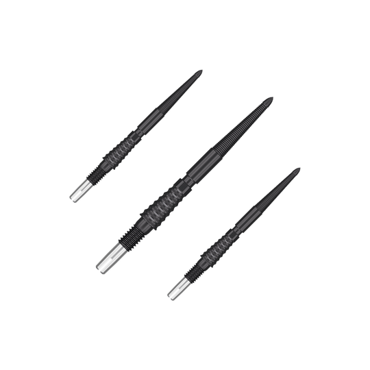 Auf dem Bild sind drei schwarze Dartspitzen mit silbernem Ende zu sehen. Sie liegen nebeneinander auf einem neutralen Hintergrund.