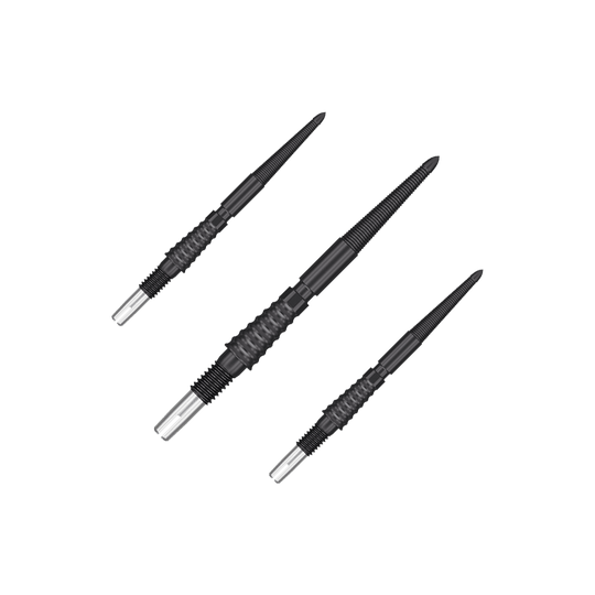 Target Swiss Storm LNC dart tips - Black Auf dem Bild sind drei schwarze Dartspitzen mit silbernem Ende zu sehen. Sie liegen nebeneinander auf einem neutralen Hintergrund.