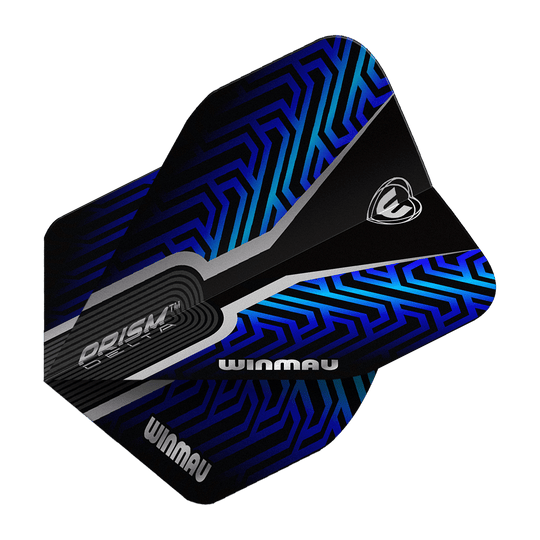 Winmau Prism Delta Blue No2 Standard Flights Das Bild zeigt die Winmau Prism Delta Blue No2 Standard Flights. Die Flights haben ein modernes Design in Schwarz und Blau.