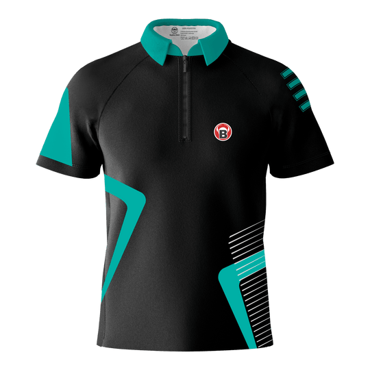 Das Bild zeigt das Bulls Team Dartshirt in der Farbe Mint. Das Shirt ist überwiegend schwarz mit mintfarbenen Akzenten und einem kleinen B-Logo auf der Brust.