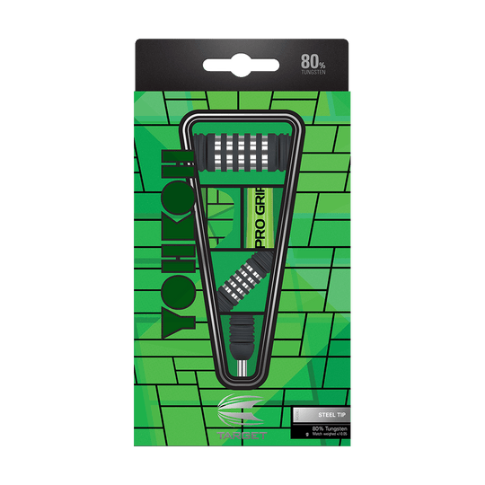 190143_Target_Yohkoh_02_Steeldarts_3 Das Bild zeigt die Verpackung der "Target Yohkoh 02 Steeldarts". Die Verpackung ist grün gestaltet und hebt hervor, dass die Darts zu 80 % aus Tungsten bestehen.