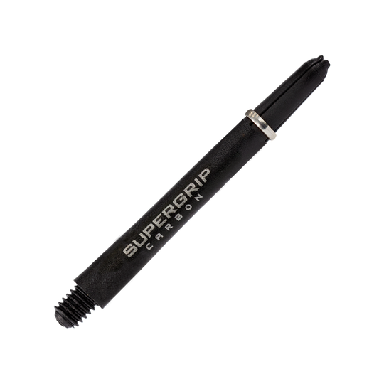 Das Bild zeigt einen Harrows Supergrip Carbon Shaft in Silber. Der Schaft ist schwarz mit silbernen Akzenten und der Aufschrift "Supergrip Carbon".