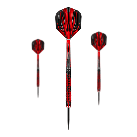 Harrows Fire Inferno Steeldarts Das Bild zeigt drei Harrows Fire Inferno Steeldarts mit auffälligem rot-schwarzem Design. Die Spitzen sind aus Metall und die Flights haben ein flammenartiges Muster.