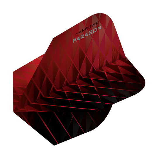 HR7602_Harrows_Paragon_Red_No2_Standard_Flights_2 Das Bild zeigt das Produkt "Harrows Paragon Red No2 Standard Flights". Die Dartflight ist rot und hat ein modernes, geometrisches Muster.