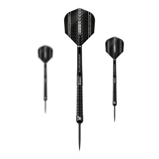 Harrows Supergrip 90 Black Edition Quick Point Steel Darts Auf diesem Bild ist ein Set der Harrows Supergrip 90 Black Edition Quick Point Steeldarts zu sehen. Die Steeldarts sind ideal für Turniere und Freizeitspiele.