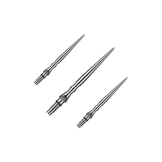Winmau Switch Point Groove steel dart tips - Silver Effect Auf dem Bild ist ein Set von silbernen Steeldartspitzen mit Rillen zu sehen, wahrscheinlich 'Switch Point Groove Silver Effect' und 26mm lang. Das Set ist für den Einsatz bei Steeldarts gedacht.