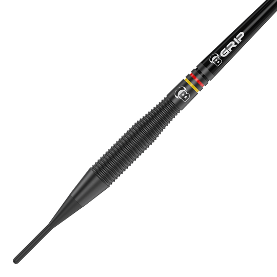Das Bild zeigt einen schwarzen Softdart mit auffälligen Rillen für besseren Halt. Auf dem Dart sind außerdem farbige Ringe und die Aufschrift "B GRIP" zu sehen.