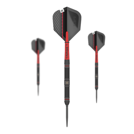 Target Scope 01 Swiss Point steel darts Das Bild zeigt drei Steeldarts des Modells "Target Scope 01 Swiss Point". Die Darts sind überwiegend schwarz mit roten Akzenten und haben ein modernes, sportliches Design.