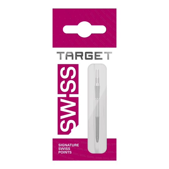 Target Elysian Archetype 43 Swiss Point Steel Dart Tips - Silver Zu sehen sind drei silberne Dartspitzen mit einer Länge von 35mm. Sie sind für das Swiss Point System vorgesehen.