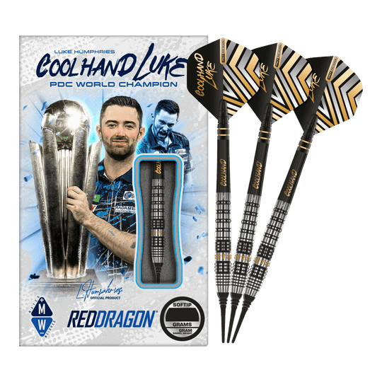 Red Dragon Luke Humphries Prestige Soft Darts - 20g Auf dem Bild sind die Red Dragon Luke Humphries Prestige Softdarts mit 20g Gewicht zu sehen. Die Verpackung zeigt ein Bild von Luke Humphries und die Darts sind schwarz mit silbernen und goldenen Details.