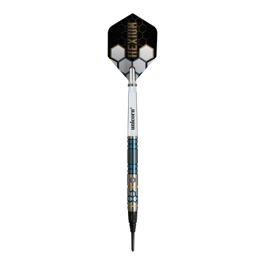 Unicorn Hexium Style 02 Blue & Gold Soft Darts - 21g Hier sieht man die Unicorn Hexium Style 02 Blue & Gold Softdarts - 21g. Die Darts sind in Blau und Gold gehalten.