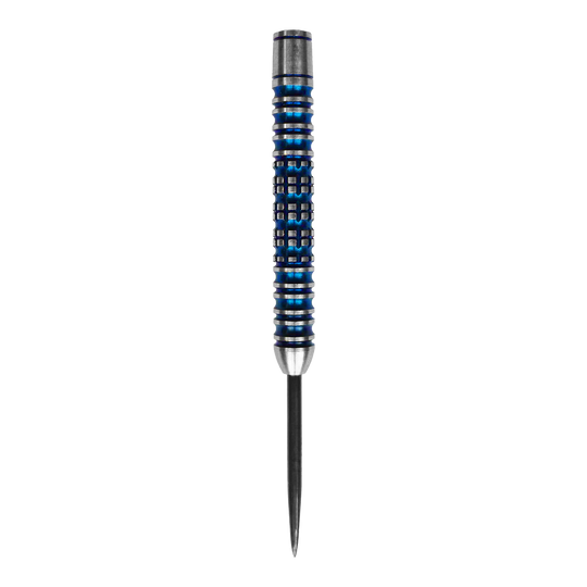 McDart Ocean Steeldart Barrels - 23g Das Bild zeigt ein McDart Ocean Steeldart Barrel mit einem Gewicht von 23g. Der Barrel hat ein silber-blaues Design mit Rillen und einem spitzen Ende.