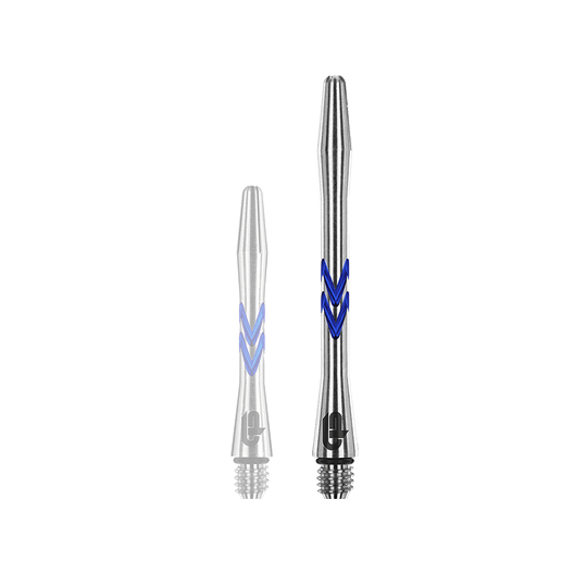 C643_Red_Dragon_Gerwyn_Price_V-Groove_Aluminium_Shafts_Blue_46mm_1Xdim1LOGwY4aB Das Bild zeigt zwei Aluminium-Schäfte für Darts in Silber mit blauen Rillen. Diese heißen "Red Dragon Gerwyn Price V-Groove Blue Aluminium Shafts".