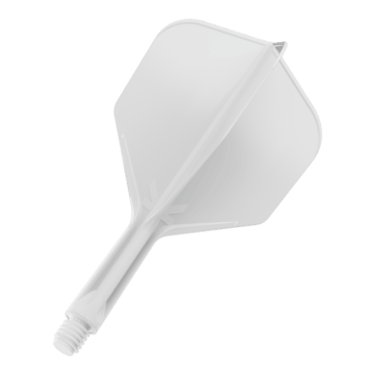 Target K-Flex No6 Flight System - White Das Bild zeigt ein weißes Dart-Flight-System mit integriertem Shaft. Es ist vor schwarzem Hintergrund abgebildet.