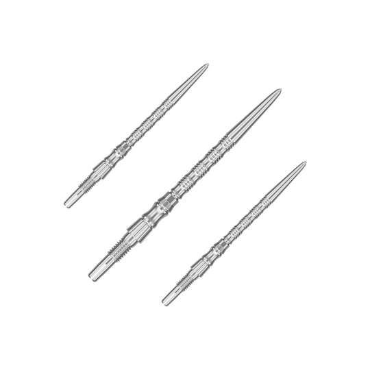 Silberne Dartspitzen mit einer Länge von 35 mm sind abgebildet. Das Bild zeigt ein Set der Target SwissPoint Signature TRB Dartspitzen.
