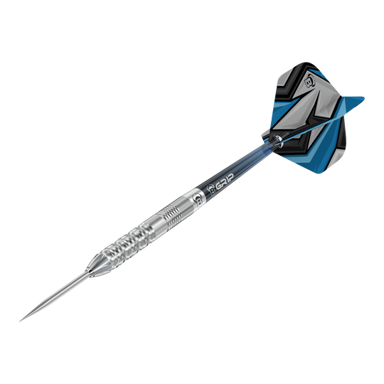 Bulls Stone S2 Steeldarts Das Bild zeigt einen Bulls Stone S2 Steeldartpfeil mit silberner Spitze und Riffelung für besseren Halt. Das Flight-Design ist in Blau, Schwarz und Grau gehalten.