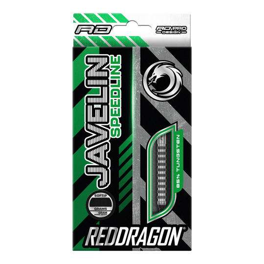 Red Dragon Javelin Speedline Soft Darts - 20g Die Verpackung zeigt die "Red Dragon Javelin Speedline Softdarts" mit 20 Gramm Gewicht. Das Design ist grün, schwarz und silbern und hebt 85% Tungsten hervor.