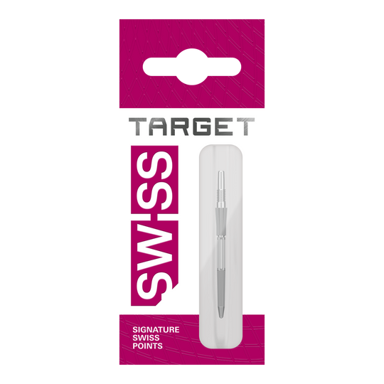 Target Elysian Archetype 43 Swiss Point Steel Dart Tips - Silver Diese Grafik zeigt drei silberne Dartspitzen mit einer Länge von 30mm. Sie sind für das Swiss Point System konzipiert.