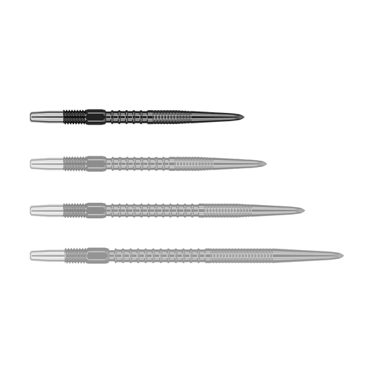 Target Swiss Firepoint Black dart tips Auf dem Bild sind vier schwarze Dartspitzen in einer Reihe zu sehen. Sie sind aus Metall und haben ein modernes, gerilltes Design.