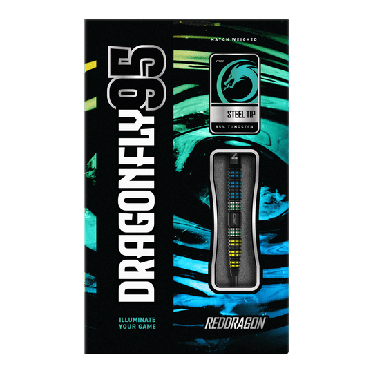Auf dem Bild ist die Verpackung der "Red Dragon Dragonfly 95 Black Tapered Steeldarts" zu sehen. Die Schachtel hebt das Design der Darts sowie den Schriftzug und die Materialien hervor.