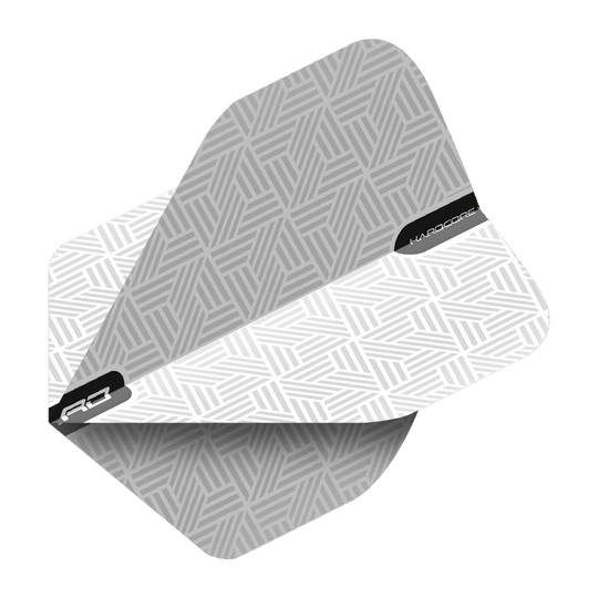 Das Bild zeigt einen weißen Dartflight mit geometrischem Muster. Auf dem Flight steht der Schriftzug „HARDCORE“.
