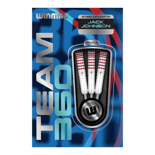 Winmau Team 360 Jack Johnson steel darts - 24g Abgebildet sind die Winmau Team 360 Jack Johnson Steeldarts mit 24 Gramm Gewicht. Die Darts zeichnen sich durch ihr markantes Design aus.
