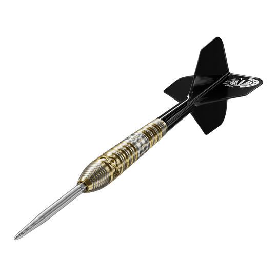 Target Japan Hot Shot GEN2 steel darts - 23g Das Bild zeigt einen Target Japan Hot Shot GEN2 Steeldart mit einem Gewicht von 23g. Der Dart hat einen metallischen, geriffelten Griffbereich und schwarze Flights.