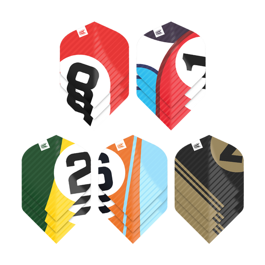 Das Bild zeigt fünf verschiedene Sets von Dart-Flights in bunten Farben und mit großen Zahlen. Jedes Set hat ein einzigartiges Design und verschiedene Farbkombinationen.