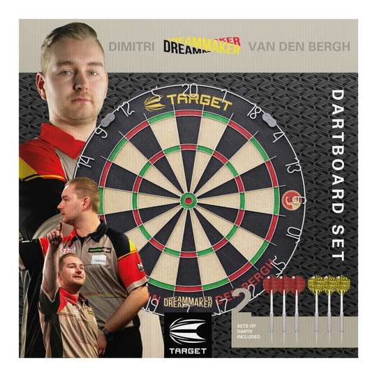 Das Bild zeigt das Produkt "Target Dimitri Van Den Bergh Steeldartboard Set" mit einer großen Dartscheibe in der Mitte. Rechts unten sieht man sechs mitgelieferte Darts und im Hintergrund ist Dimitri Van Den Bergh mehrfach abgebildet.