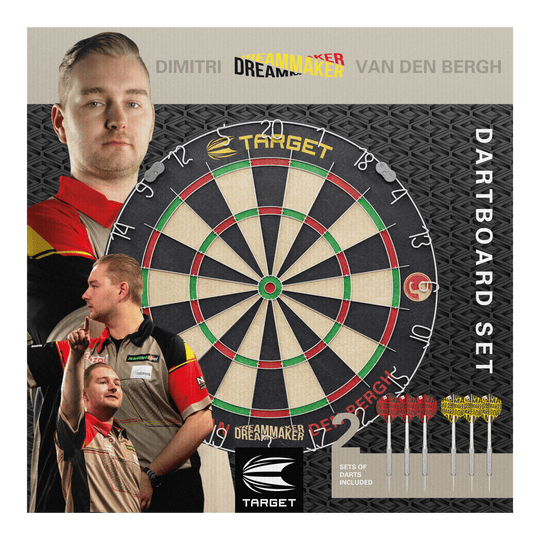 Target Dimitri Van Den Bergh steel dartboard set Das Bild zeigt das Produkt "Target Dimitri Van Den Bergh Steeldartboard Set" mit einer großen Dartscheibe in der Mitte. Rechts unten sieht man sechs mitgelieferte Darts und im Hintergrund ist Dimitri Van Den Bergh mehrfach abgebildet.