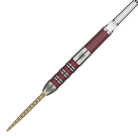 Target Stephen Bunting 95K Swiss Point Steel Darts Dies ist ein Target Stephen Bunting 95K Swiss Point Steeldart. Der Dartpfeil hat eine silberne und rote Griffzone sowie eine goldfarbene Spitze.