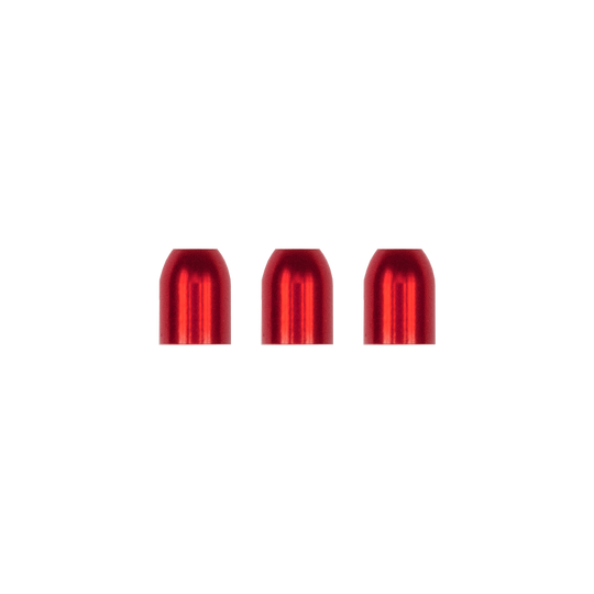 Das Bild zeigt drei rote, metallische Champagner-Ringe nebeneinander. Sie sind glänzend und haben eine abgerundete Form.