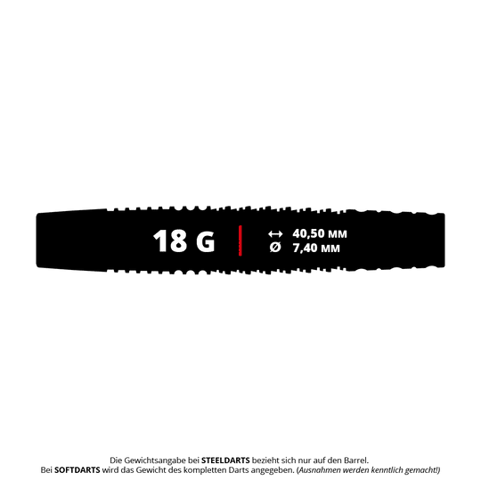 Target Scott Williams GEN2 soft darts - 18g Das Bild zeigt das Produkt "Target Scott Williams GEN2 Softdarts - 18g". Die Maße des Darts sind 40,50 mm Länge und 7,40 mm Durchmesser.