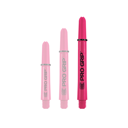 Das Bild zeigt drei pinke Pro Grip Shafts in verschiedenen Längen. Sie stehen nebeneinander und haben die Aufschrift "PRO GRIP".
