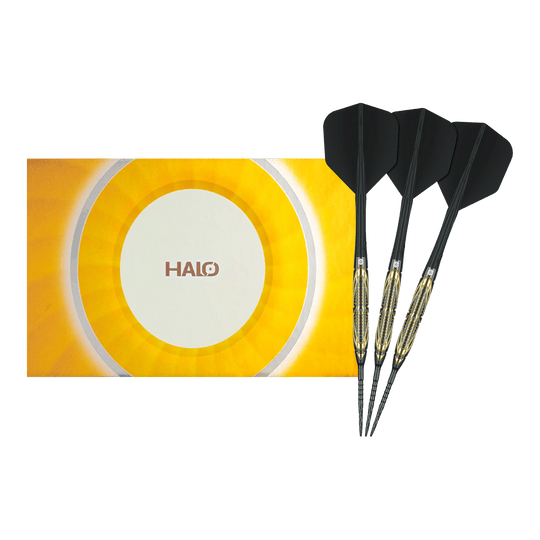 Caliburn Halo H2 steel darts - 22.5g Das Bild zeigt die Caliburn Halo H2 Steeldarts mit einem Gewicht von 22,5g in voller Länge. Die Steeldarts sind besonders langlebig und robust.