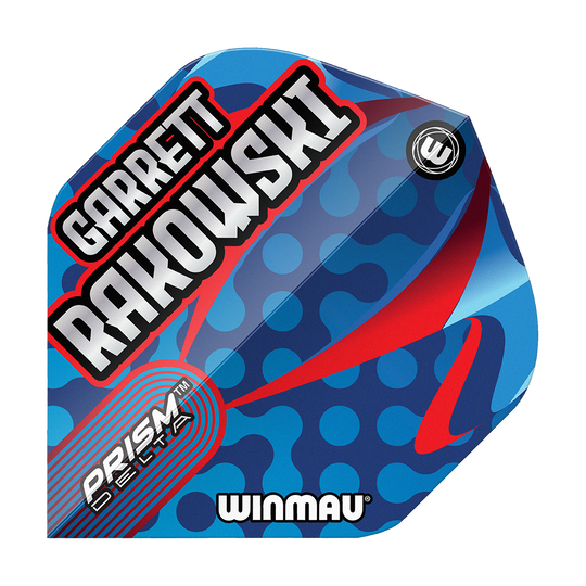 Winmau Prism Delta Garrett Rakowski Standard Flights Das Bild zeigt die Winmau Prism Delta Garrett Rakowski Standard Flights. Das Flight-Design ist blau mit roten und hellblauen Akzenten sowie dem Namen "Garrett Rakowski" in großen Buchstaben.