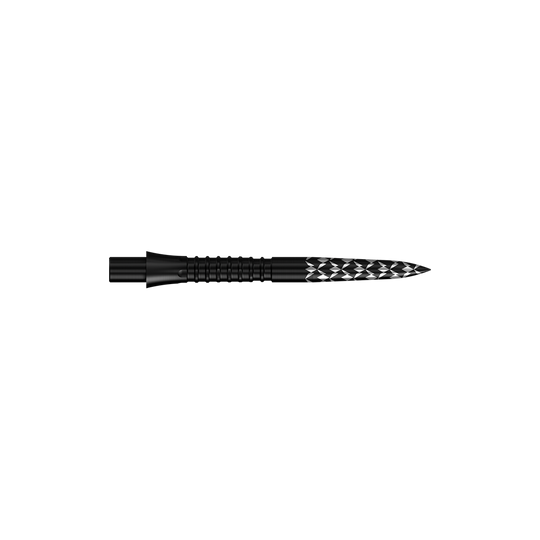 Schwarze Steeldartspitzen mit GV-Logo und einer Länge von 26 mm sind zu sehen. Das Bild zeigt das Produkt aus der Mission Caliburn EVO Serie.