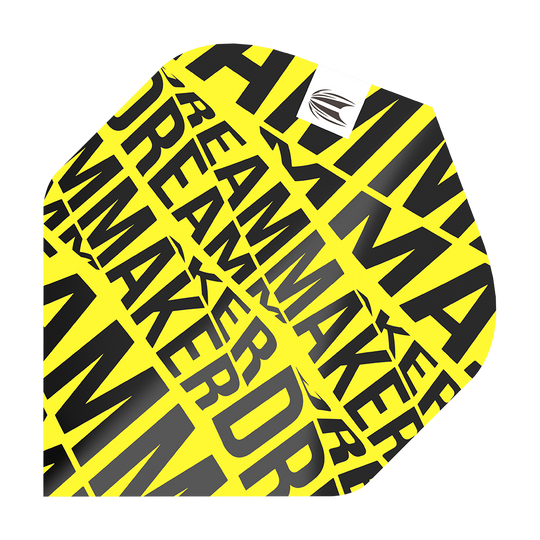 Das Bild zeigt ein gelbes Dartflight mit dem Aufdruck „DREAMMAKER“ in schwarzen Buchstaben. Es handelt sich um das Target Pro Ultra Dimitri Van Den Bergh Yellow No2 Standard Flight.