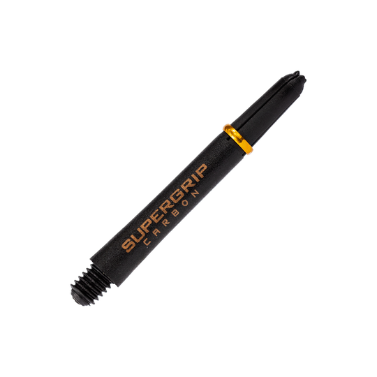 HR352_Harrows_Supergrip_Carbon_Shafts_Gold_40mm_2 Das Bild zeigt einen Harrows Supergrip Carbon Shaft in der Farbe Gold. Der Schaft ist schwarz mit goldener Schrift und einem goldenen Ring.