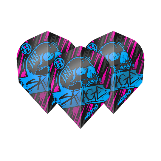 Das Bild zeigt die Harrows Savage Aqua Pink No6 Flights, die für Dartpfeile verwendet werden. Sie sind schwarz mit auffälligen blauen und pinken Grafiken, darunter ein Totenkopf und das Wort "SAVAGE".