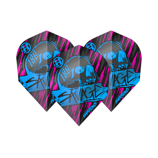 Harrow's Savage Aqua Pink No6 Flights Das Bild zeigt die Harrows Savage Aqua Pink No6 Flights, die für Dartpfeile verwendet werden. Sie sind schwarz mit auffälligen blauen und pinken Grafiken, darunter ein Totenkopf und das Wort "SAVAGE".